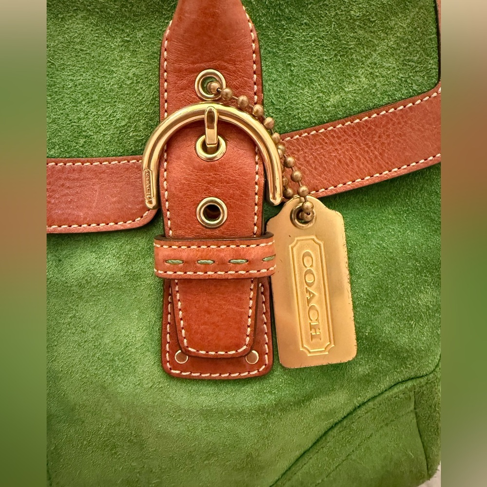 Coach Hampton Flap Satchel- Green Suede Shoulder Bag with Brown Leather Straps - Picture 3 of 14